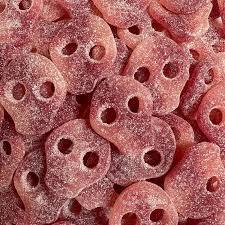 Blue and red Sour Blueberry and Raspberry Skull Gummies coated in sour sugar
